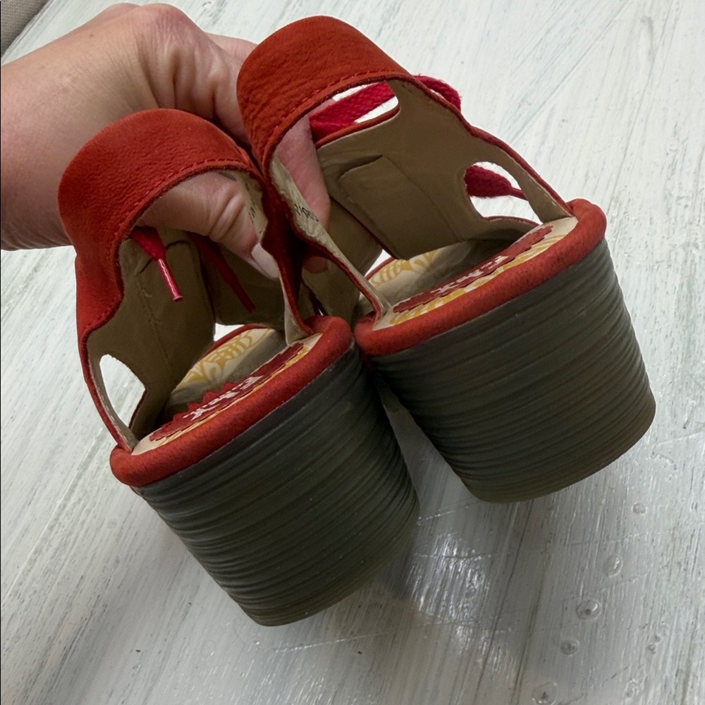 FLY London Ylfa Scarlet Red Leather Lace-Up Wedge Sandals Sz 39 - Picture 8 of 16